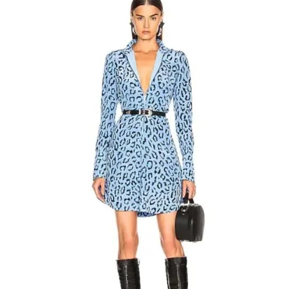 A.L.C. Blue Leopard Print Long Sleeve Mini Dress 8